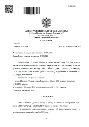 Решение Арбитражного суда города Москвы 29 апреля 2021 года